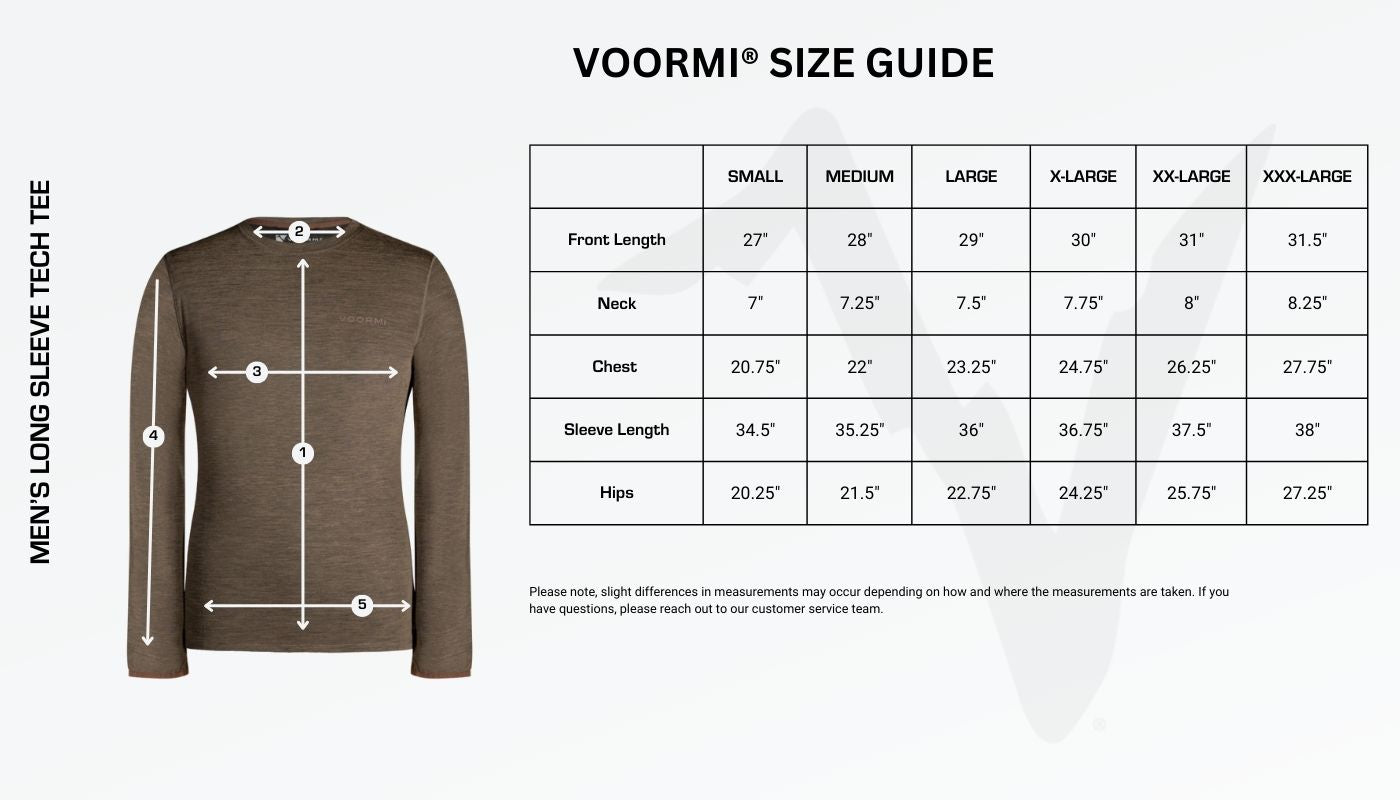 Men's Long Sleeve Tech Tee Size Guide Diagram