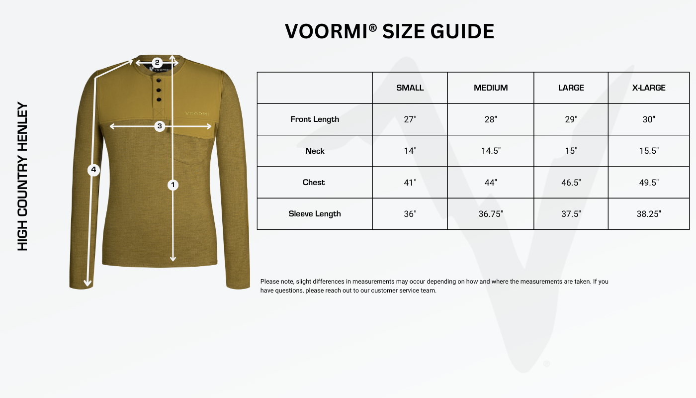 High Country Henley Size Guide Diagram