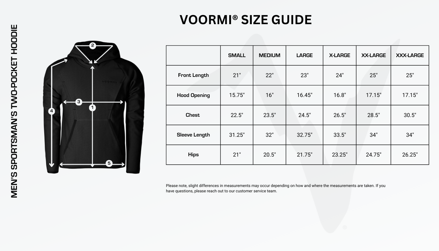 Men's Sportsman's Two-Pocket Hoodie Size Guide Diagram