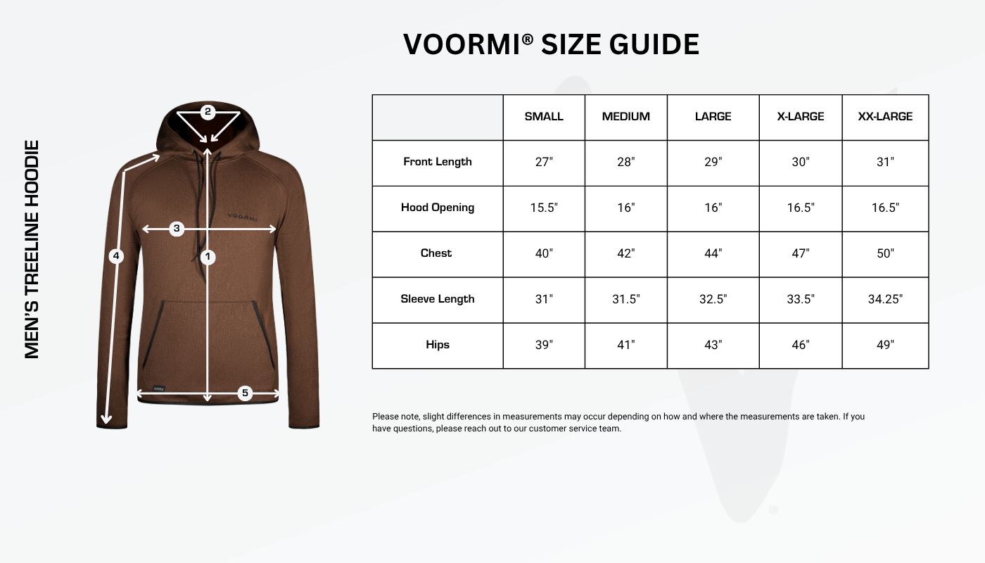 Men's Treeline Hoodie Size Guide Diagram