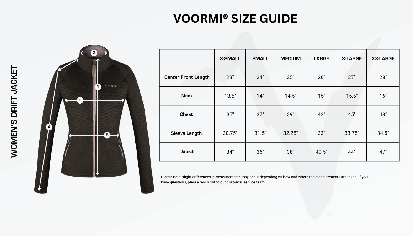 Women's Drift Jacket Size Guide Diagram