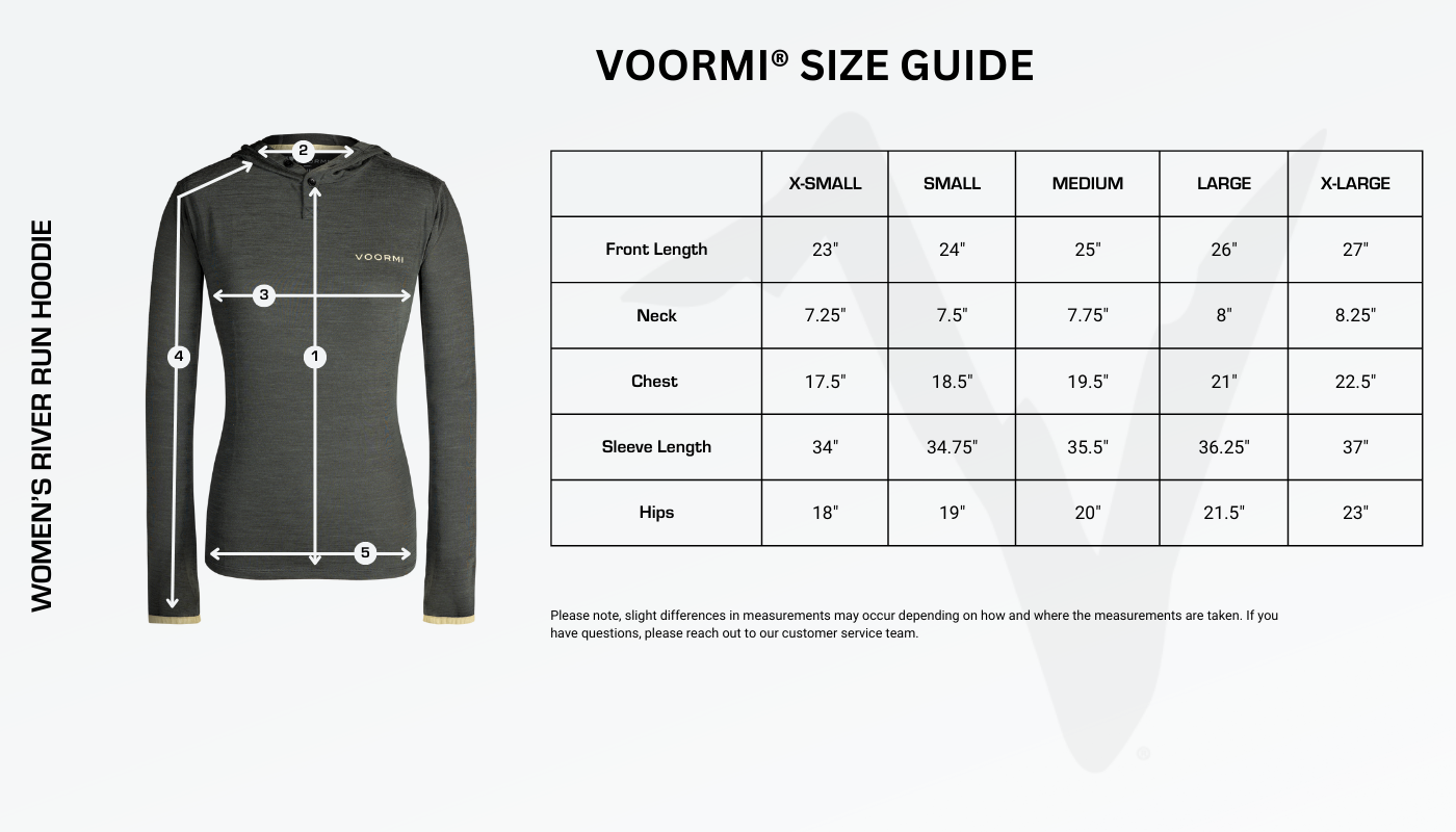 Women's River Run Hoodie Size Guide Diagram